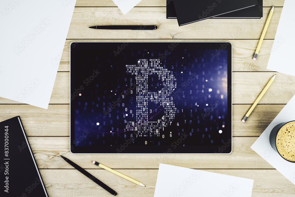Poster Top view of modern digital tablet screen with creative Bitcoin symbol hologram. Mining and blockchain concept. 3D Rendering
