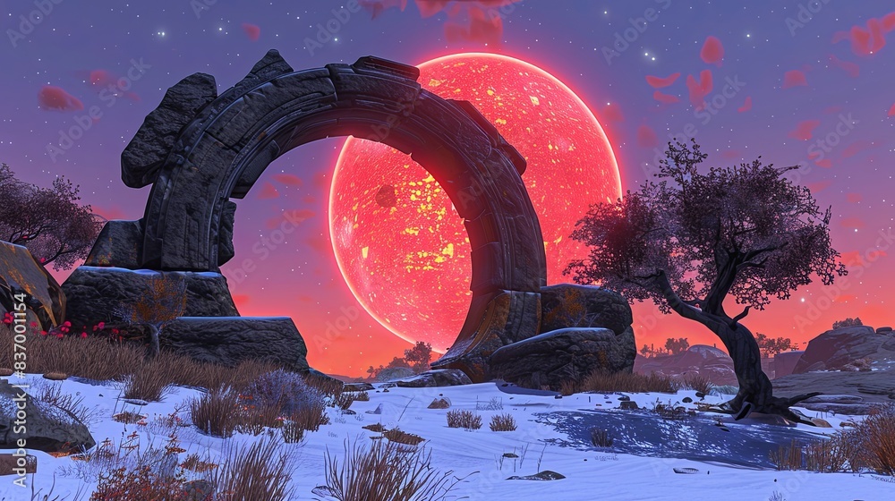 Poster a red and white planet with a large red sun and a large red arch