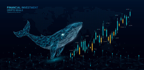 Blue whale shapes polygon facing candlestick. Cryptocurrency stock market trends up growth chart. On world map background and arrows. Analysis business strategy financial investment. Vector. © Adisak