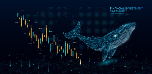 Blue whale shapes polygon and candlestick. Cryptocurrency stock market trends down chart. On world map background and arrows. Analysis business strategy financial investment. Vector. © Adisak