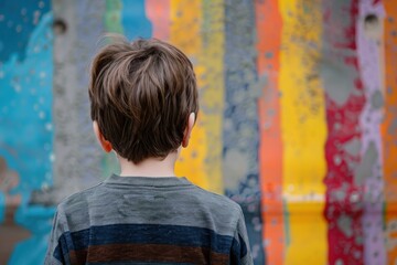 Obraz premium Back view of a child in a striped shirt observing a vibrant graffiti wall