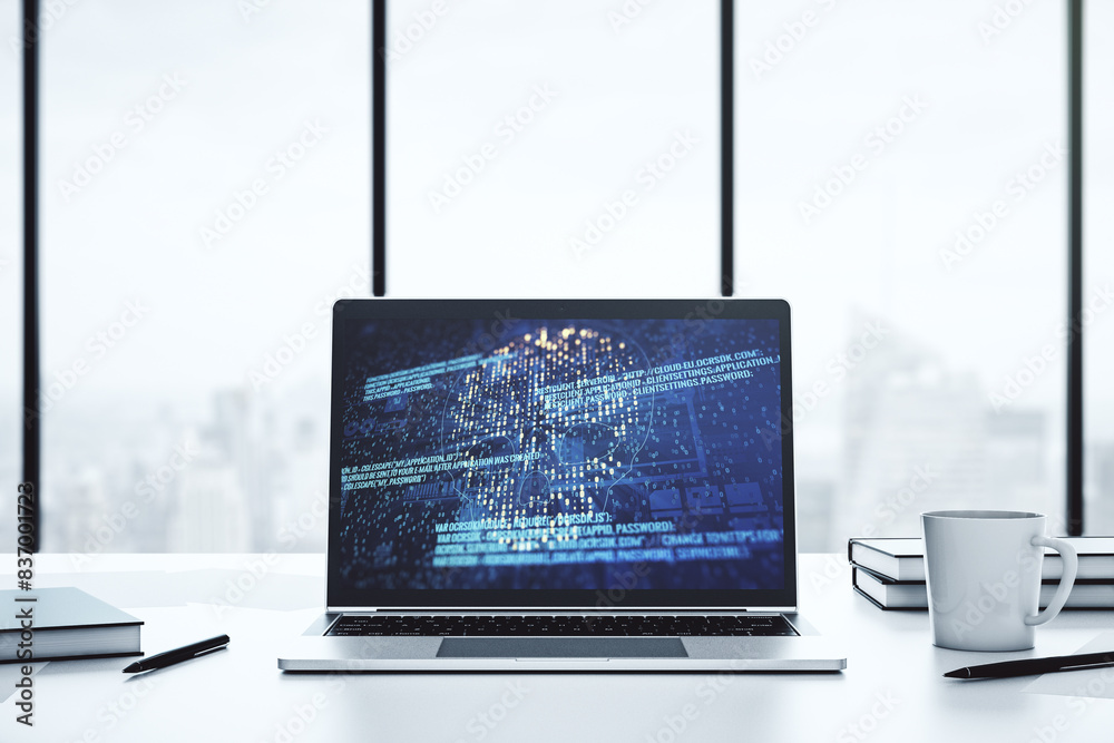 Poster Modern computer monitor with creative code skull hologram. Malware and cyber crime concept. 3D Rendering
