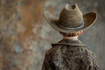 Back view of a child in a cowboy hat and textured jacket with a rustic backdrop