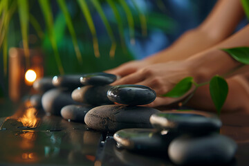 A serene spa setting featuring a person receiving a relaxing stone therapy massage with smooth, heated stones carefully placed along their back to relieve tension and promote wellness.