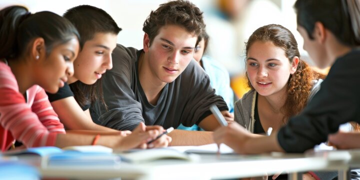 Group of students collaborating on a project or studying together around a table