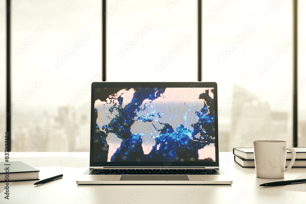 Leinwandbilder abstract digital world map on modern computer monitor, big data and blockchain concept. 3d rendering