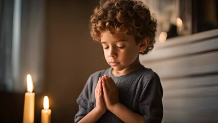 Young child with curly hair praying with hands clasped in front of lit candles, indoors in a dimly lit room
