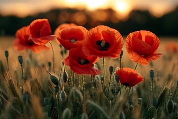Fototapeta premium Vibrant Red Poppies in Golden Wheat Field at Sunset Nature Photography for Wall Art, Posters, and Prints