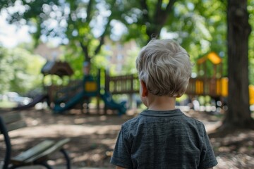 Small child looks on at a deserted park playground, memories and anticipation in the air
