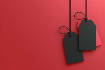 Minimalist black hang tags on a red background for branding and pricing. Elegant and simple design for retail and marketing.