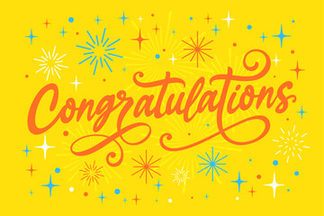 Congratulations, vector, hand lettering, greeting card, 
banner, poster with calligraphy, text, wishes, message, 
celebration confetti background for graduates, 
winner, business, success, party