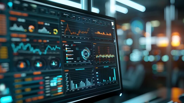 The digital realm with a real photo capturing a computer monitor displaying an abstract network monitoring dashboard. alive with real-time data analytics dynamic graphs and system health indicators.