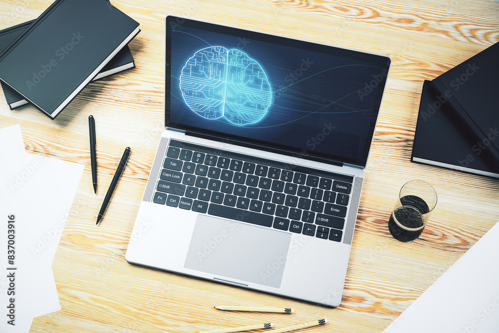 Wall mural creative artificial intelligence concept with human brain hologram on modern laptop screen. 3d rende