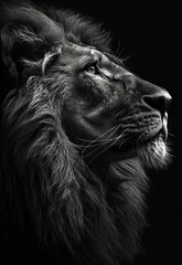 graphic black and white lion portrait on black 