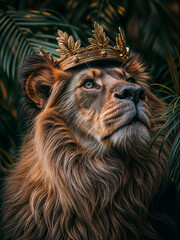 Naklejka premium portrait of a proud lion wearing a golden king crown with tropical leaves in the background 