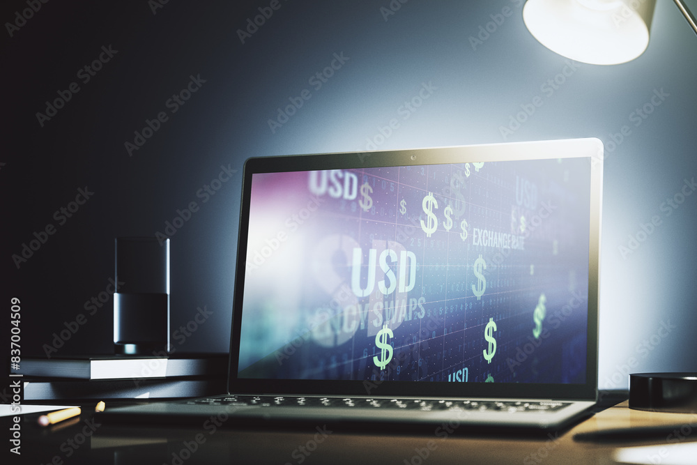 Poster creative concept of usd symbols illustration on modern laptop screen. trading and currency concept. 