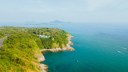 Fototapeta premium Promthep Cape Sunset Viewpoint in the South of Phuket Thailand Take photos from a drone Top 5 popular tourist attractions in Thailand