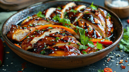 This vibrant cookbook photo showcases Teriyaki Chicken, a Japanese dish with chicken broiled or grilled in a sweet and savory glaze made of soy sauce, mirin, and sugar. Created using AI generative.