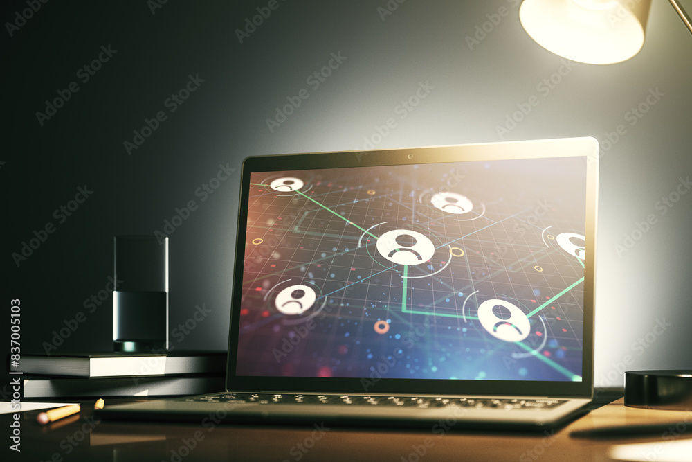 Poster social network concept on modern laptop screen. 3d rendering
