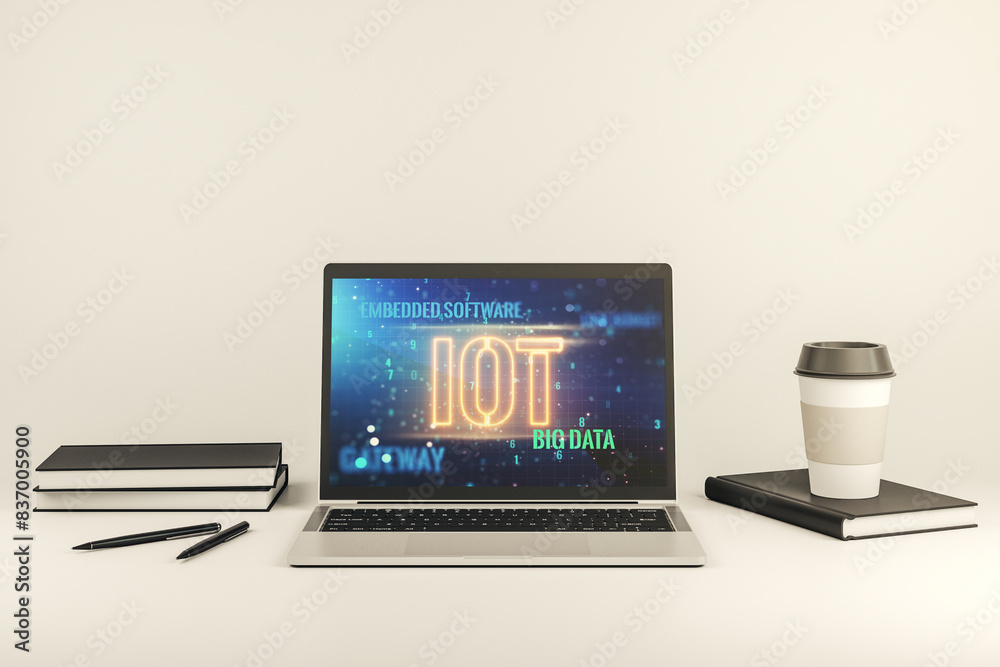 Poster creative iot concept on modern laptop screen. 3d rendering