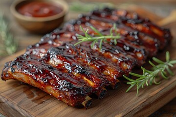A close-up of succulent barbecue ribs set against a rustic wooden board with a sprig of fresh rosemary and a small bowl of tangy barbecue sauce