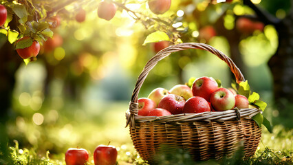 Fresh apples in a basket with apple trees in background, sunny day