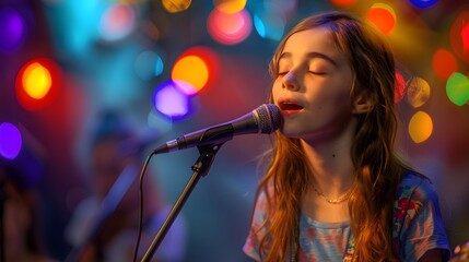Young Female Singer Performing On Stage With Microphone Under Bright Lights.