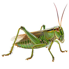 Fototapeta premium Close-up image of a vibrant green grasshopper with intricate details on its body and legs against a white background. PNG transparent