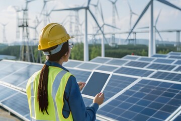 An engineer in a hard hat and safety vest stands in front of a field of solar panels, inspecting the system with a tablet.