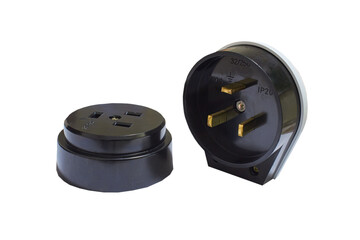 electric power socket with a plug on a white background, industrial electric outlet with plug isolated on white background, outlet for electrical appliances