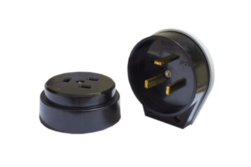 electric power socket with a plug on a white background, industrial electric outlet with plug isolated on white background, outlet for electrical appliances