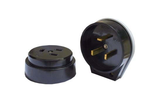 electric power socket with a plug on a white background, industrial electric outlet with plug isolated on white background, outlet for electrical appliances