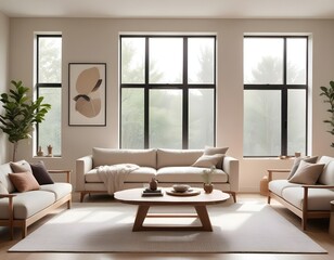 Fototapeta premium Frame mockup, ISO A paper size. Living room poster mockup. Modern interior design. Living room Interior mockup with house background. 3D render