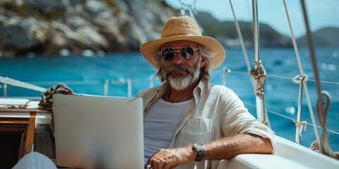 A mature man enjoys a sunny day on a yacht, using his laptop, embodying a luxurious and carefree lifestyle - Powered by Adobe