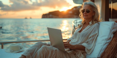 A young woman on a yacht enjoys her vacation, working on her laptop amidst the beauty of the sea