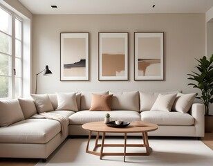 Fototapeta premium Frame mockup, ISO A paper size. Living room poster mockup. Modern interior design. Living room Interior mockup with house background. 3D render
