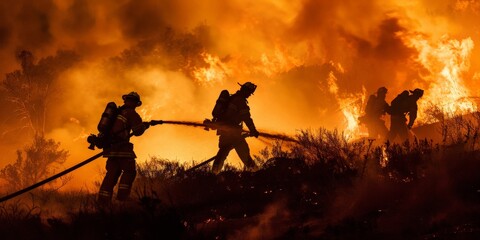 Dramatic scene of firefighters advancing with hoses, silhouettes against towering flames, showcasing courage and determination in the face of danger.