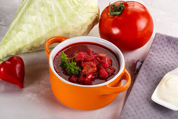 Borsch soup with cabbage and beetroot