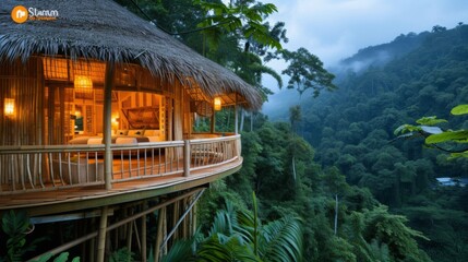 luxurious bamboo hut overlooking the dense tropical forest. --no text --ar 16:9 --quality 0.5 Job...