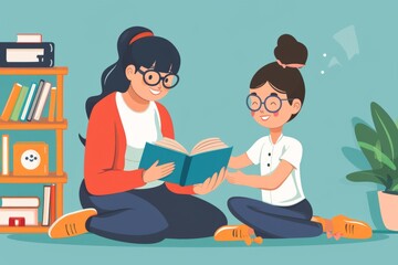 A painted mother and daughter are sitting on the floor in the living room and reading a book. The concept of nurturing a love of reading and developing self-knowledge.
