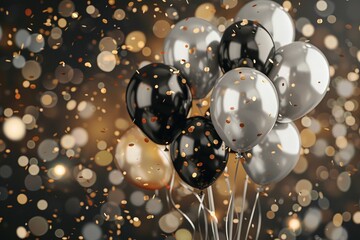 Holiday card with black, white, golden and silver balloons with confetti, ,realistic festive banner with balloons, falling confetti, bokeh blurry background, AI 