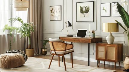 Elegant Home Office with Wooden Desk and Modern Decor, modern work from home setup