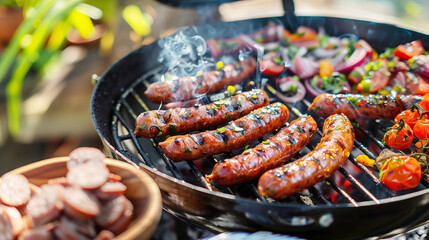 Summer barbecue with spicy merguez sausages grilled with vegetables. Summer holiday in nature.