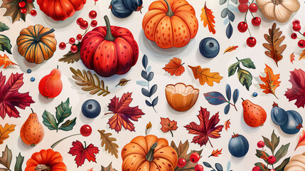 Colorful autumnal design featuring harvest fruits, pumpkins, and cozy fall elements