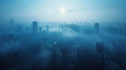 Obraz premium City skyline obscured by thick smog, illustrating severe air pollution
