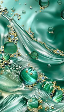 Abstract image of green and gold bubbles on a shiny, liquid surface