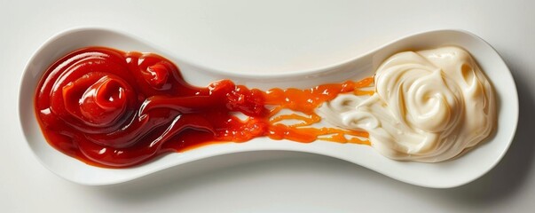 Creative yingyang shape formed by mayonnaise and ketchup