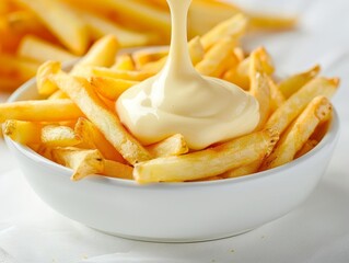 Closeup of French fries being dipped into a bowl of mayonnaise