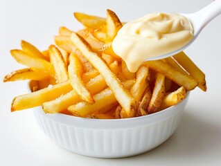 Closeup of French fries being dipped into a bowl of mayonnaise