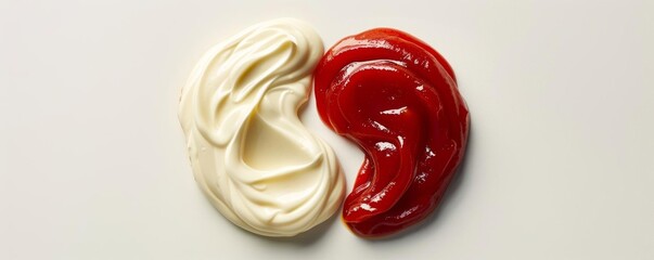 Creative yingyang shape formed by mayonnaise and ketchup